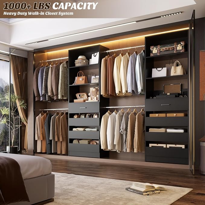 Aheaplus Closet System, 4-9Ft Closet Organizer with 4 Wooden Drawers, Black | Wood Closet Organizer System with Tower, Walk-in Closet Organizer Wardrobe Clothes Rack with 4 Hanging Rods, Garment Rack