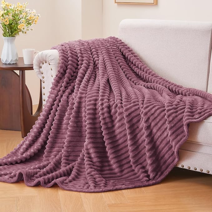 BEDELITE 3D Ribbed Jacquard Plum Fleece Throw Blanket for Couch, 50x60 Inch | Soft Warm Decorative Fluffy Blanket, Cozy Plush Lightweight Fuzzy Throw Blanket for Bed Sofa Home Room Decor, Gift for Women