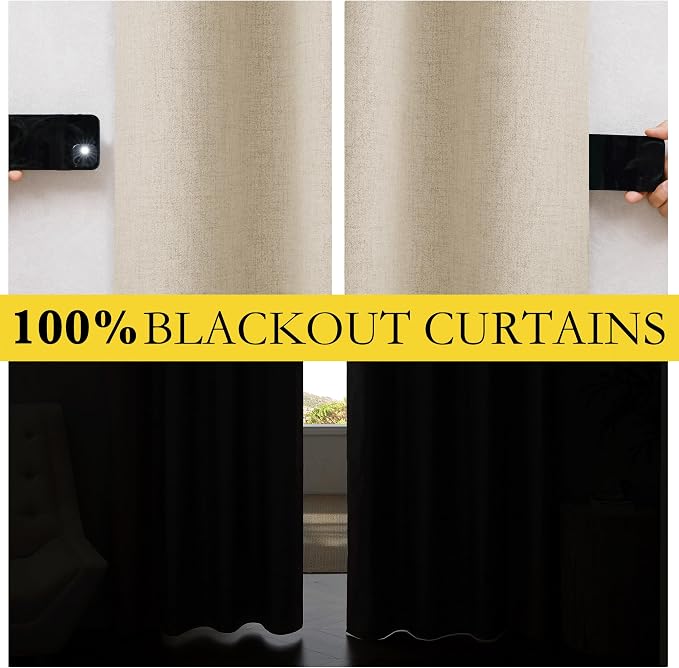 NICETOWN 100% Black Out Linen Curtains 72 inch Long 2 Panels, Beige | Thick Flax, Thermal Insulated, Rod Pocket & Back Tab, Full Light Blocking Draperies for Baby Nursery, Each W52 by L72-inch
