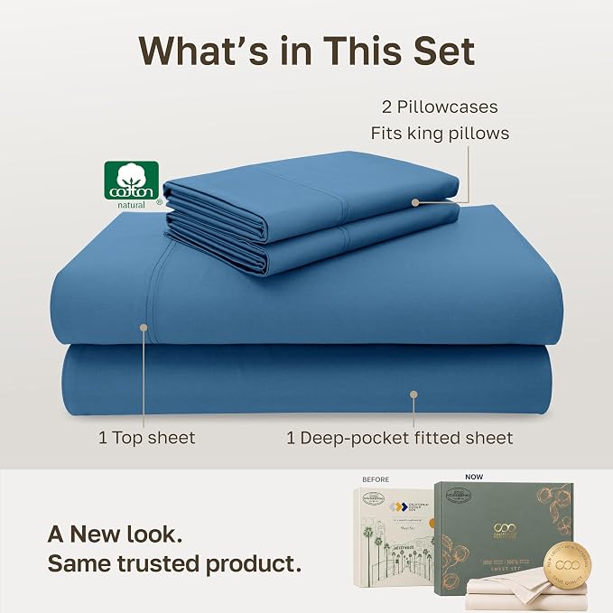 California Design Den Luxury 600 Thread Count Cotton Sheets King Set | 100% Cotton Sateen Backed by Good Housekeeping Seal, Soft & Smooth, 16" Deep Pocket, Durable, Easy Care - Parisian Blue