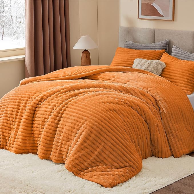BEDELITE Fleece California King Comforter Set, Fluffy Bed Set, Burnt Orange | Super Soft & Warm Bedding, Luxury Fuzzy Faux Fur Comforter for Winter, Heavy Plush Bedding, with 2 Pillowcases