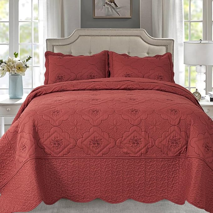 Cmfshape Floral Embroidery Quilt Set,3 Pieces Queen Quilt Bedding Set,Classic Diamond Pattern Quilts,Ultra Soft Lightweight Reversible Bedspread Coverlets for All Season(Burgundy,90"x90")