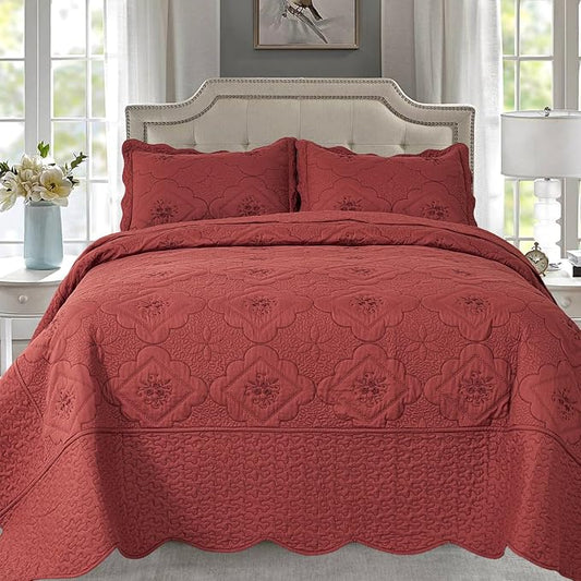 Cmfshape Floral Embroidery Quilt Set,3 Pieces King Quilt Bedding Set,Classic Diamond Pattern Quilts,Ultra Soft Lightweight Reversible Bedspread Coverlets for All Season(Burgundy,102"x90")