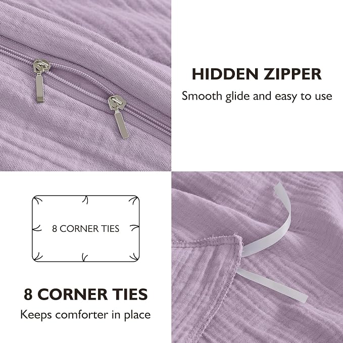 EMME Muslin Cotton Duvet Cover Set Lavender Queen Size Linen Like Soft Breathable Lightweight Summer Comforter Cover Set with Zipper Closure (Lavender, Queen, 90"x90")