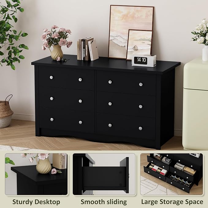 Shahoo Dresser for Bedroom with 6 Drawers, 47.2" Wood Dresser | Chests of Drawers, Anti-tip, Storage Organizer, TV Stand for Living Room, Closet, Hallway, Dormitory, Pure Black