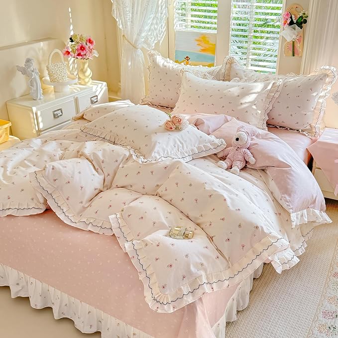 mixinni Cottagecore Shabby Chic Tiny Pink Floral Duvet Cover King, Premium 100% Cotton Dual-Sided Ruffle Lace Bedding, Vintage Farmhouse Princess Duvet Cover with Zipper & Corner Ties