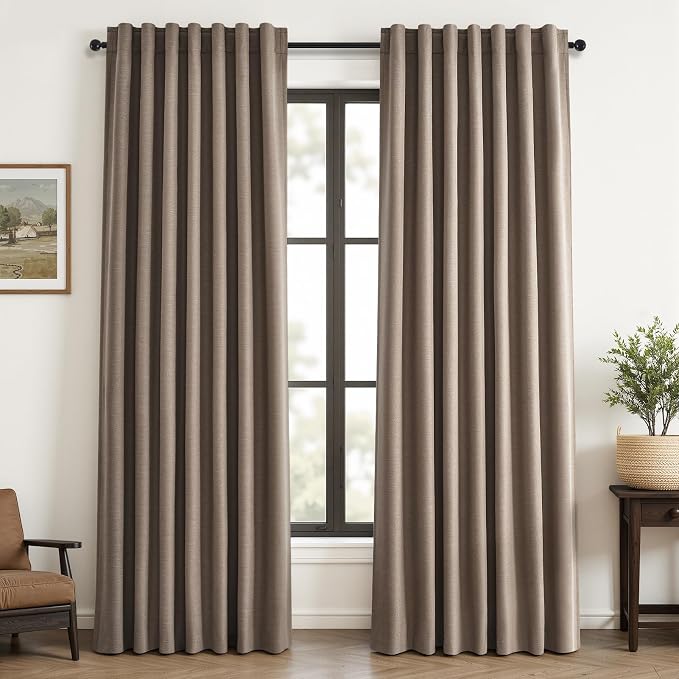 Topfinel 86 Inch Blackout Linen Curtains for Bedroom 2 Panels Memory Trained 100% Black Out Soundproof Room Darkening Back Tab Taupe Dark Flax Window Curtains Drapes