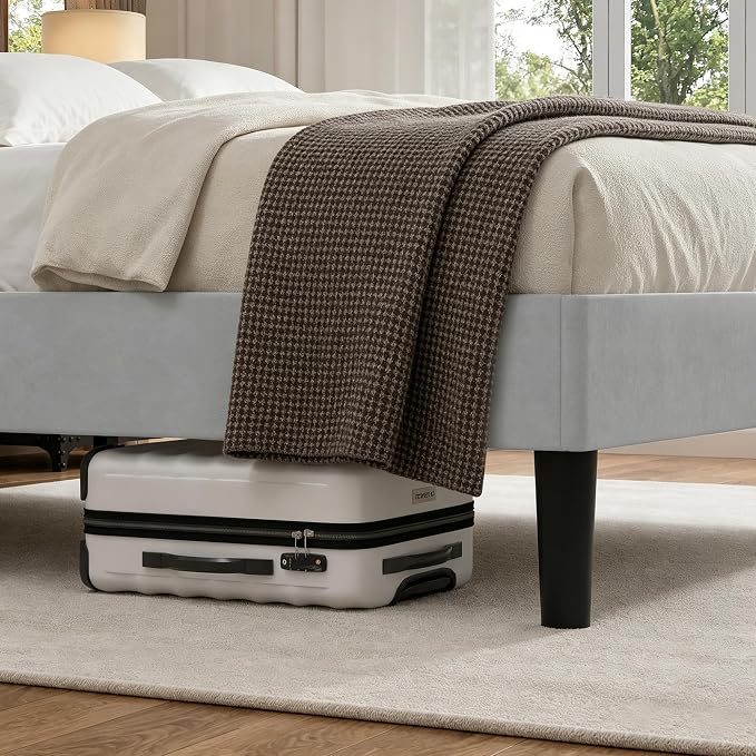 VECELO Queen Size Bed Frame with Upholstered Headboard, Velvet Platform Bedframe Mattress Foundation, Strong Wood Slat Support, No Box Spring Needed,Light Grey
