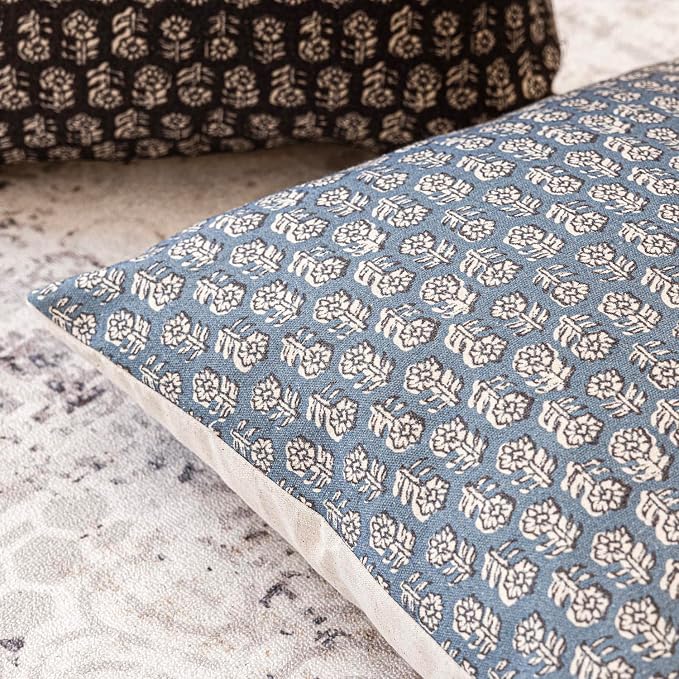 Foindtower Set of 2 Decorative Neutral Floral Print Throw Pillow Covers Vintage Accent Farmhouse Cushion Covers Boho Home Decor for Sofa Chair Couch Bedroom Living Room,18×18 Inch,Dusty Blue