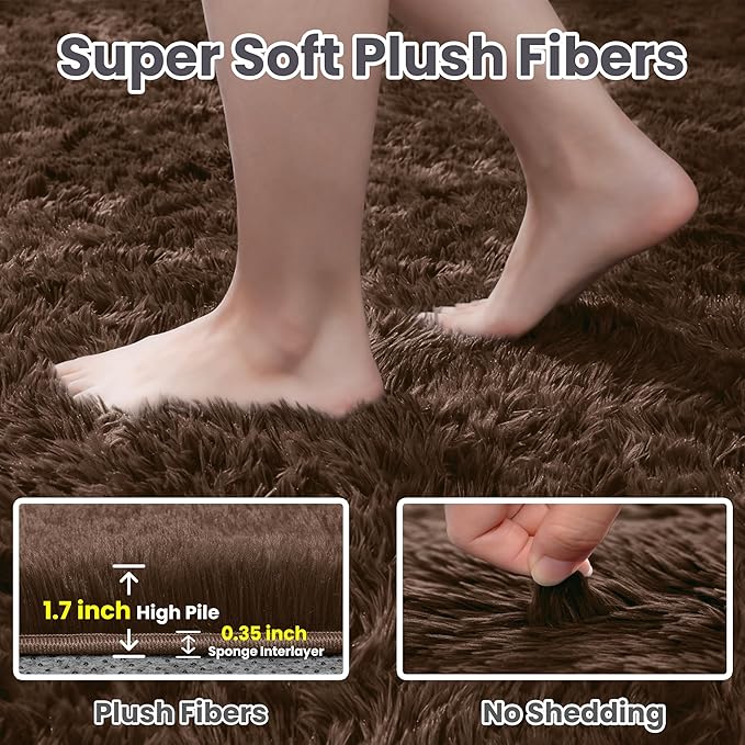 5x8 Fluffy Shag Area Rugs for Living Room Bedroom: Soft Plush Carpet Brown | Upgraded Non-Slip Thick Memory Foam, Ultra Soft, Non-Shedding Fuzzy Carpet, Easy Clean Decor for Kids Room, Nursery, Playroom