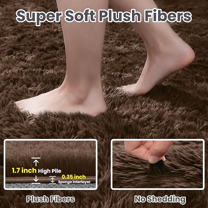 6x9 Fluffy Shag Area Rugs for Living Room Bedroom: Soft Plush Carpet Brown | Upgraded Non-Slip Thick Memory Foam, Ultra Soft, Non-Shedding Fuzzy Carpet, Easy Clean Decor for Kids Room, Nursery, Playroom
