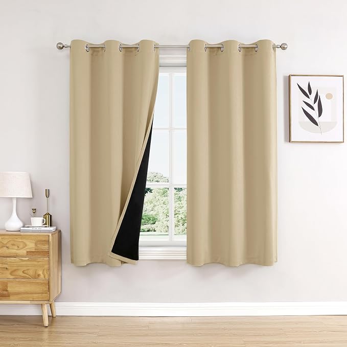 ChrisDowa 100% Blackout Curtains for Bedroom 45 Inches Long 2 Panels Set | 2 Thick Layers, Thermal Insulated, Light Blocking, Grommet, Window Treatment, Living Room Drapes, Beige, 42 x 45 Inch