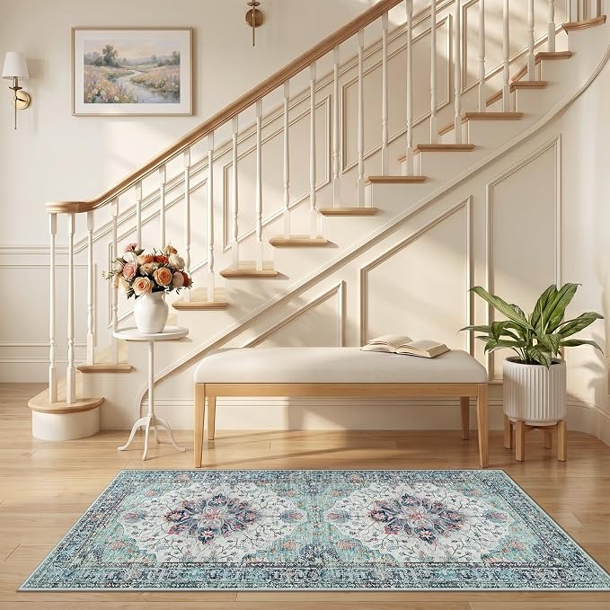RELEANY Washable Area Rug, Runner 2'6"x5', Teal Green/White/Navy | Non-Slip, Water Repellent, Pet Friendly, Easy to Clean, Vintage Floral Boho Decor for Kitchen Entry Bedroom Bedside Laundry