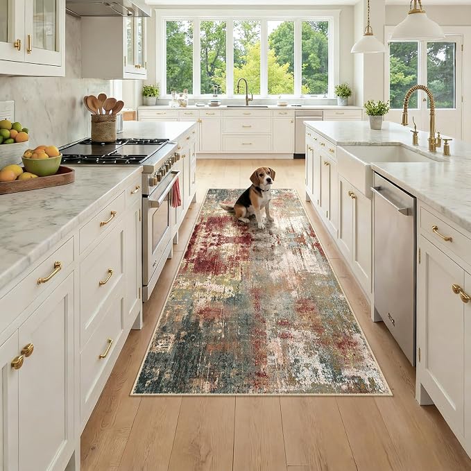 RELEANY Washable Runner 3'x7' Abstract Area Rug for Hallway Rustic Brown | Carpet for Kitchen, Entryway, Bathroom, Living Room, Bedroom, Printed Pattern, Non‑Slip, Soft, Stain‑Resistant, Easy to Clean