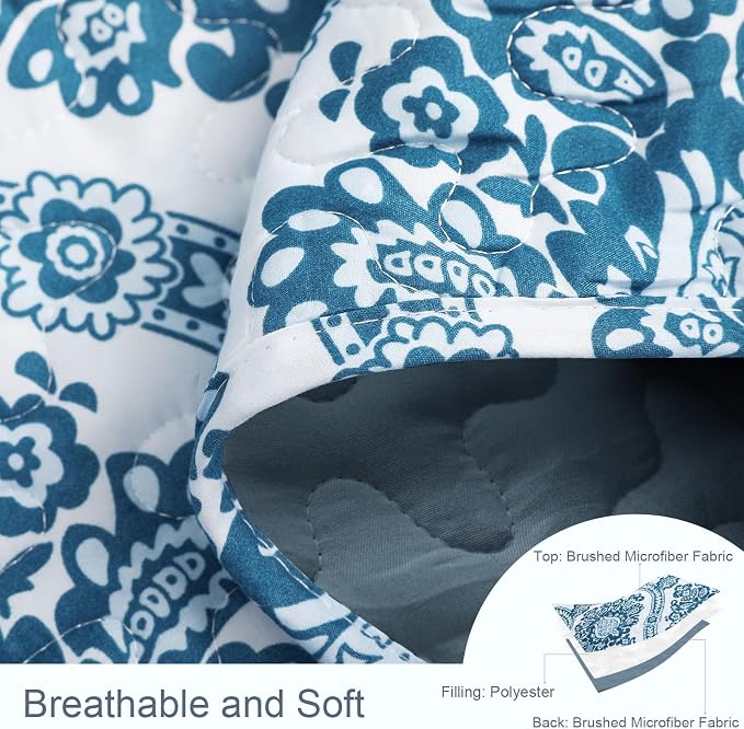 Exclusivo Mezcla Reversible Boho Quilt King Size Blue | Lightweight Soft Bedspreads, All Season Damask Coverlet Bedding Set, Printed Floral Pattern, 1 Quilt and 2 Pillow Shams