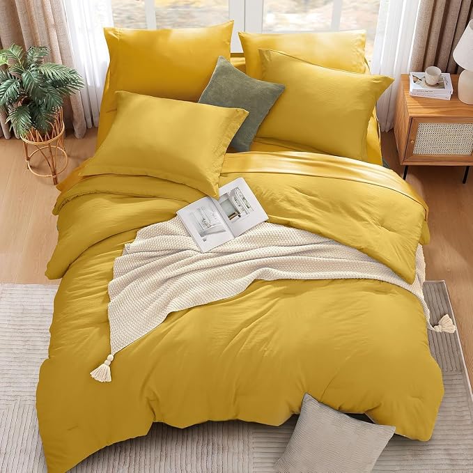 King Size Comforter Set- 7 Pieces Prewashed Bed in a Bag King Bedding Sets | Soft All Season Comforter with Sheets, Pillow Shams & Pillowcases,Yellow
