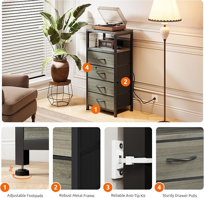 Lazzanto Night Stand with Charger Station, 4 Fabric Drawers, Grey | Nightstand, Bedside Table, Open Shelf, Built in USB-A, USB-C Port & AC Outlets, For Bedroom, Dorm, Living Room