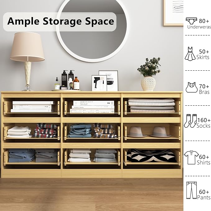 Vibe & Dine 9 Drawer Dresser, Modern Long Dresser for Bedroom, Wood Chest of Drawers with Wide Storage for Living Room, Natural Wood
