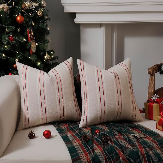 Hckot Christmas Pillow Covers 16x16 Set of 2 Winter Decorative Pillows Red | Xmas Decorations Throw Pillow Covers Striped Linen Square Cushion Covers for Sofa Couch Bed Living Room(Red)