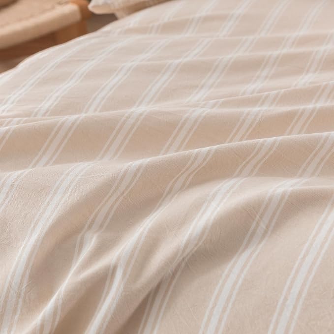 BESTOUCH Striped Cotton Duvet Cover Set Linen Feel Queen | 100% Washed Cotton, Soft Wrinkle Texture, Hidden Zipper, 8 Ties, Breathable Lightweight Durable Comfy, 3 Pcs No Insert