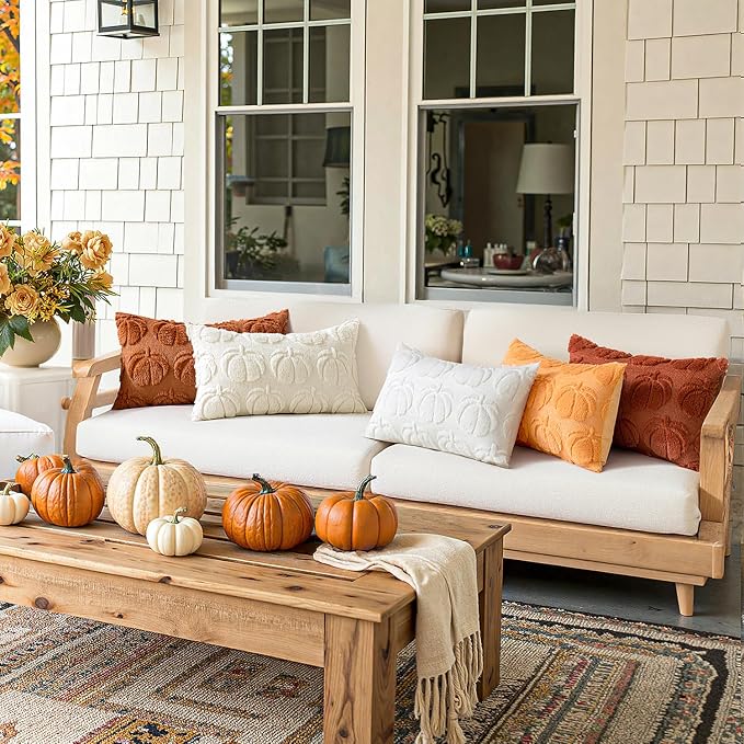MIULEE Fall Pillow Covers Pumpkin Fall Decor Lumbar 12x20 Cream White | Set of 2 Fall Decorations for Home, Plush Faux Fur Farmhouse Accent Pillowcases, Porch Sofa Couch Cushion Bed Livingroom