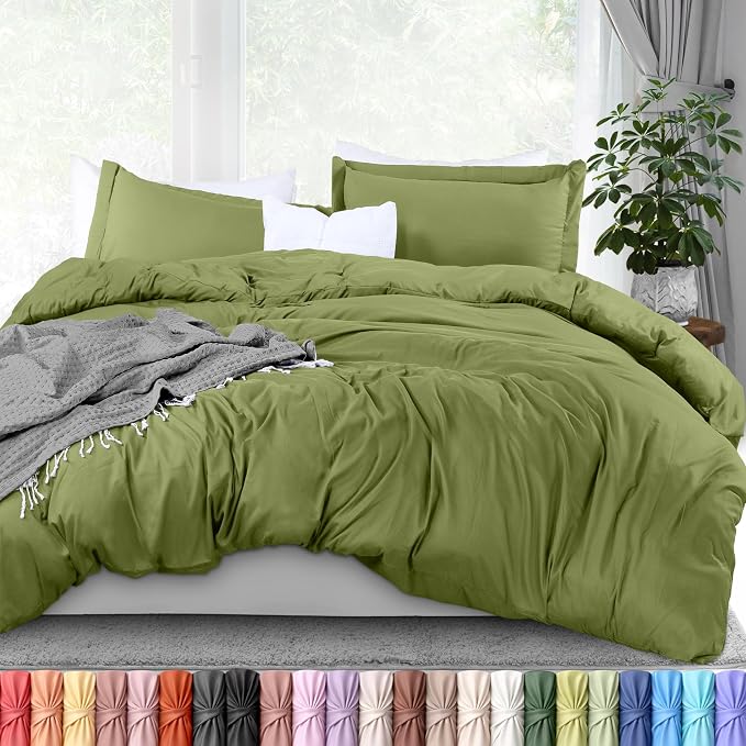 Duvet Cover Queen, 3 Piece Cotton Like Polyester With Zipper Closure, Olive | Extra Soft and Breathable, Wrinkle & Fade Resistant, Includes Duvet Cover and 2 Pillow Shams, Comforter Not Included, OekoTex