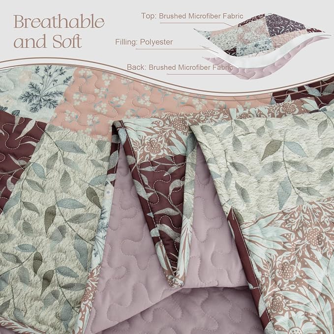 Exclusivo Mezcla Reversible Boho Quilts Queen Size Brown | Lightweight Soft Bedspreads, All Season Patchwork Coverlet Bedding Set, Printed Floral Pattern, 1 Quilt and 2 Pillow Shams