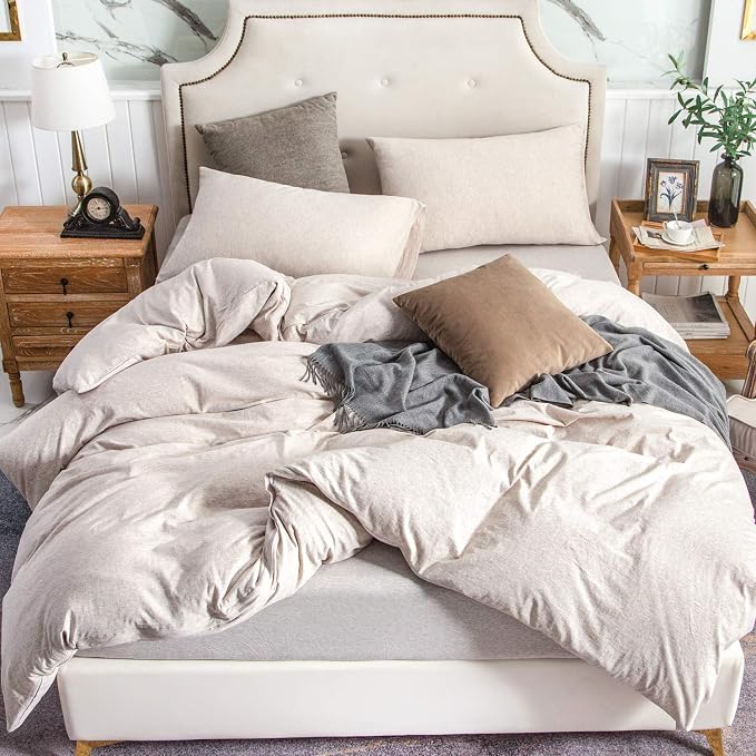 PURE ERA Jersey Knit Duvet Cover Set 100% T-Shirt Cotton Super Soft Comfy 3pc Bedding Set with Zipper Closure (Heather Beige, Queen) | 100% Cotton, 3 Piece Set, T Shirt Soft, Breathable, Envelope Closure Pillowcases, Hidden Zipper, 8 Ties, No Insert, M...