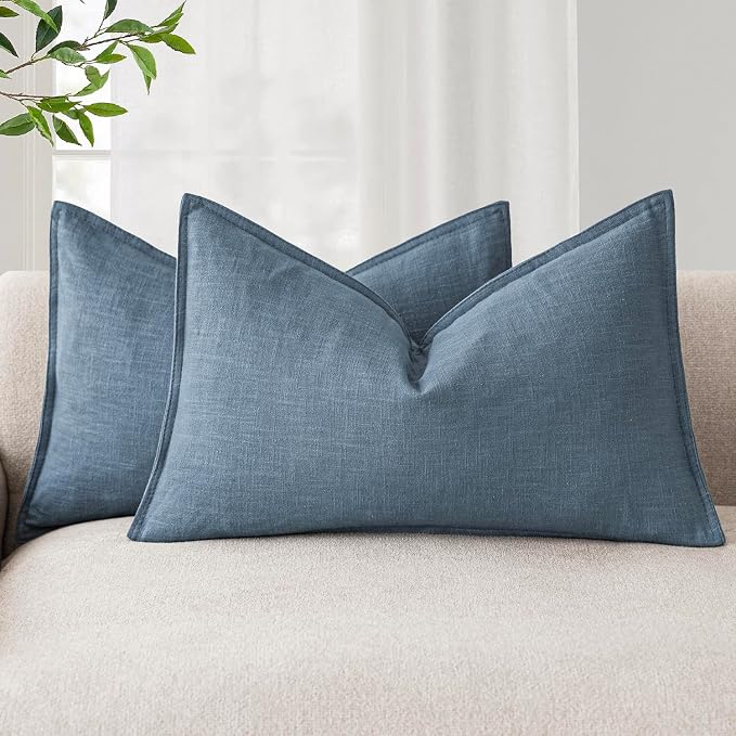 Foindtower Decorative Linen Lumbar Throw Pillow Covers 12x20 Misty Blue | Pack of 2 Boho Farmhouse Pillowcase,Accent Neutral Solid Cushion Covers,Morden Home Decor for Couch Sofa Bedroom Living Room