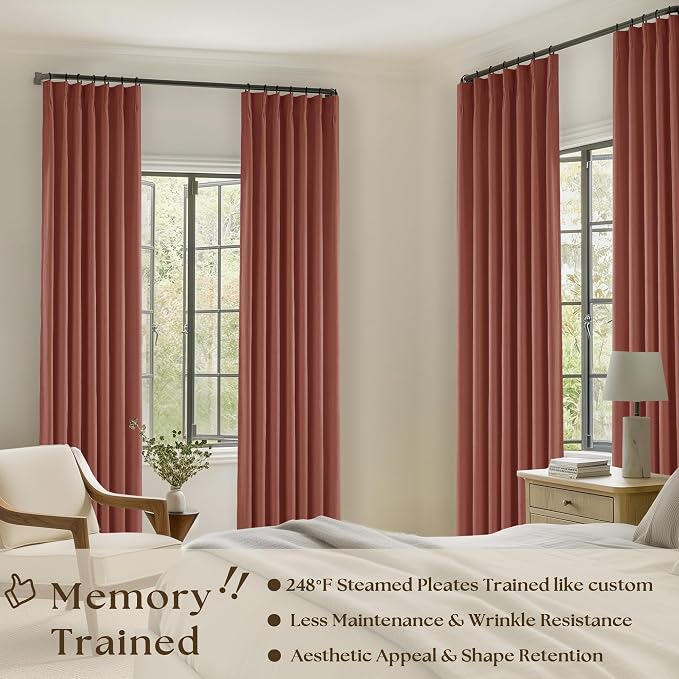 Firebrick Pinch Pleated Blackout Linen 45 Inch Curtains with Liner 2 Panels | Memory Trained, Thermal Insulated, UV Blocking, Noise Reducing, Room Darkening, 100% Black Out Short Curtains for Kitchen
