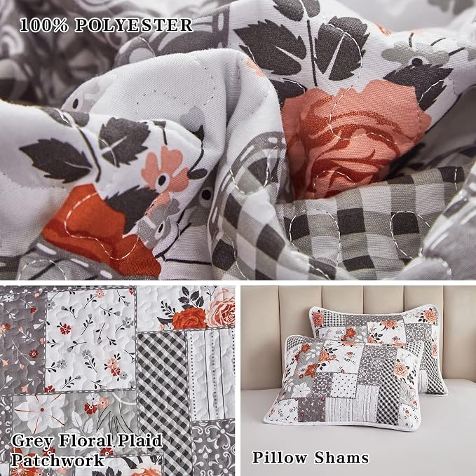Patchwork Quilt Set Twin Size, 2 Pieces Grey White Floral Plaid Design Summer Bedspread Coverlet Set, Soft Microfiber Reversible Lightweight Bed Cover for Kids (68" x 86", 1 Quilt+ 1 Pillow Sham)