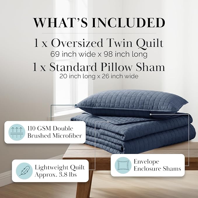 Southshore Fine Living, Inc. Oversized Twin Quilt Bedding Set, Microfiber Quilts, Summer Bedspread & Coverlet Sets, Pet Hair Resistant Bedding, Twin XL Quilt Set with 1 Pillow Sham, Dark Blue Quilt