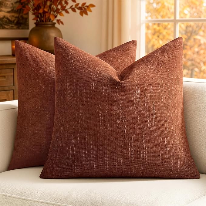 MIULEE Textured Chenille Fall Throw Pillow Covers 22x22 Inch Burnt Orange | Pack of 2 Decorative Soft Throw Pillows, Solid Textured Cushion Covers, Modern Home Decor for Couch Sofa Bedroom Living Room