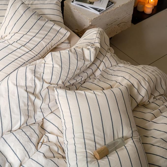 Striped Comforter Set Queen Size Grey Stripes Pattern Printed Comforter 3 Pieces Lightweight Boho Bedding Comforter Set for All Seasons Breathable Soft Fluffy Beige Comforter with 2 Pillowcases
