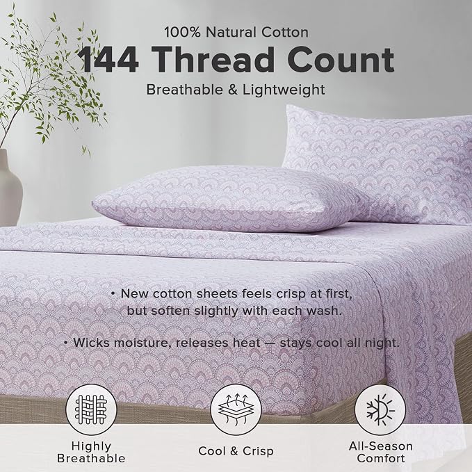 Comfort Spaces 100% Cotton Percale Sheets Twin Size 3 Pcs, Tabitha Purple | Crisp, Cool & Breathable Bed Sheets, 12" Deep Pocket Fits Up to 14" Mattress, Lightweight, All Season Cozy, with Pillow Case