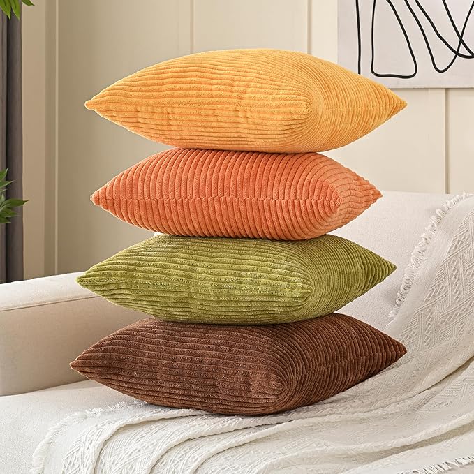 Volcanics Set of 4 Fall Orange Corduroy Throw Pillow Covers 18x18 Inch | Decorative Yellow Green Gradient Couch Pillow Covers, Rustic Western Striped Cushion Covers for Bed Sofa Living Room