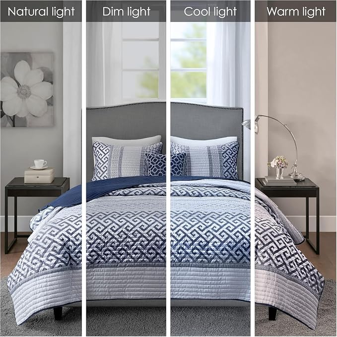 Madison Park Quilt Set Luxurious Jacquard Stripes Design - All Season, Coverlet Bedspread Lightweight Bedding Layer, Shams, Decorative Pillow, King/Cal King(104"x94"), Geometric Navy 4 Piece | All Season Bedding Set, Lightweight, Geometric, Machine Was...
