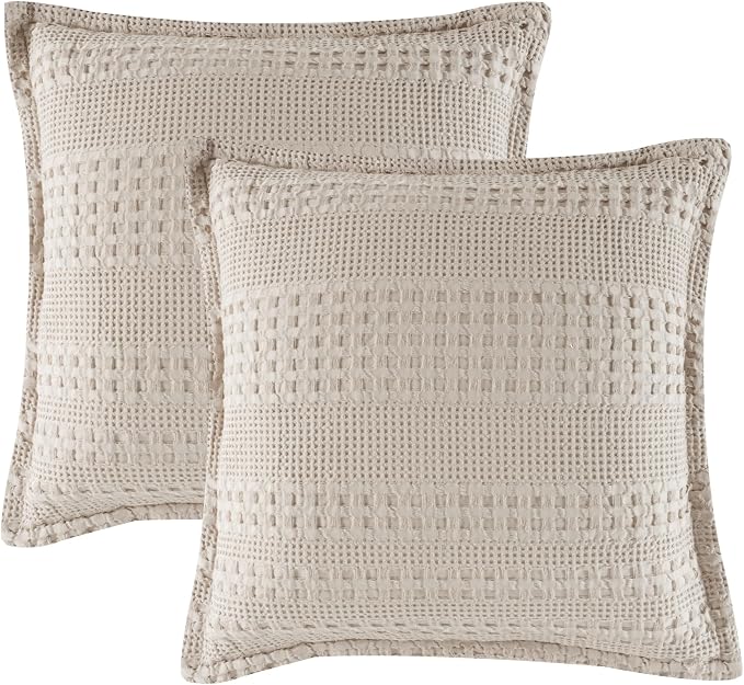 PHF 100% Cotton Ruffle Waffle Weave Euro Sham Covers, 2 Pack 26" x 26" Bed Pillow Covers for Elegant Home Decor, No Filling, Luxury Aesthetic Euro Pillow Cases for Bed, Oatmeal