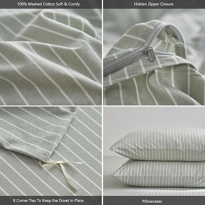 MooMee Striped Duvet Cover Set 100% Washed Cotton Linen Like | Relaxed Linen-like Texture. Soft, Breathable & Long-lasting Comfort. Lightweight. Hidden Zipper with 8 Interior Corner Ties