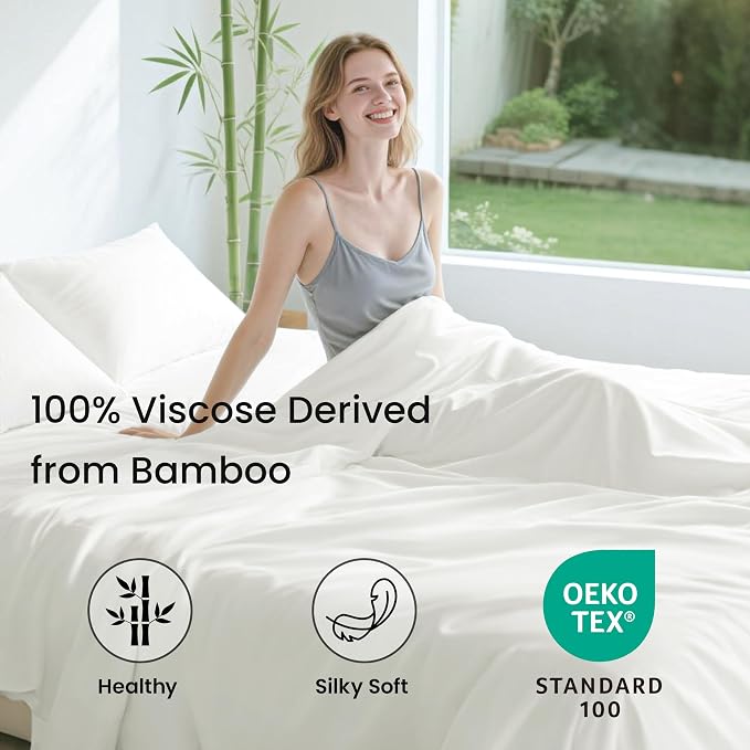 Love's cabin 6 Piece Queen Sheet Set, 100% Rayon Derived from Bamboo, Cooling & Breathable, Soft Silky Deep Pocket up to 16", Hotel Luxury Bedding for Hot Sleepers, White