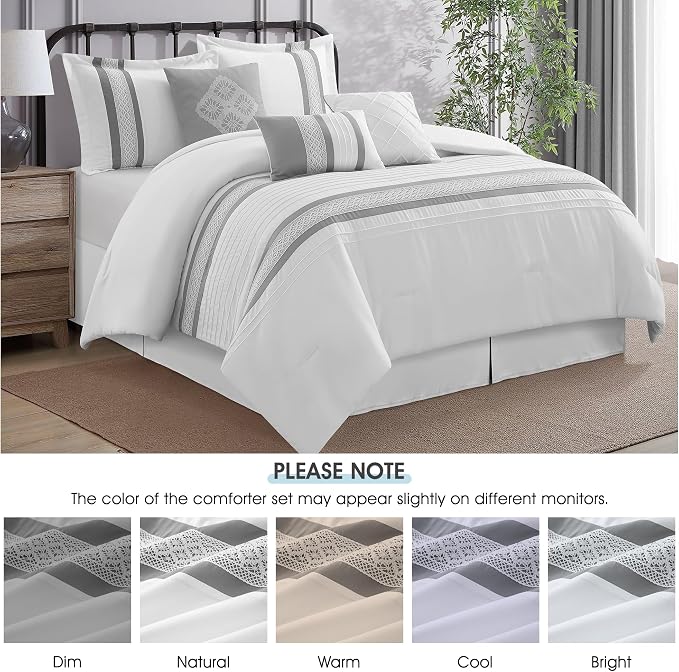 7 Piece Comforter Set, Grey White, Queen Size, Boho Style Geometric Microfiber Embroidery, Bed in a Bag with Bedskirt, Pillow Shams and Decor Pillows