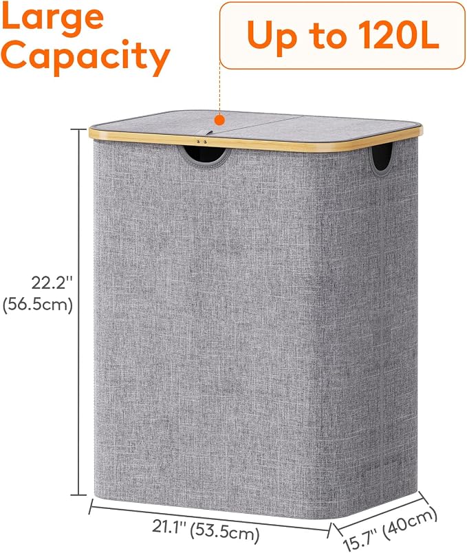Lifewit 120L Laundry Basket with Lid, Clothes Hampers for Laundry with Bamboo Handles and 2 Removable Bag, Large Foldable Laundry Hamper for Bedroom, Bathroom, Dorm, Laundry Room, Light Gray