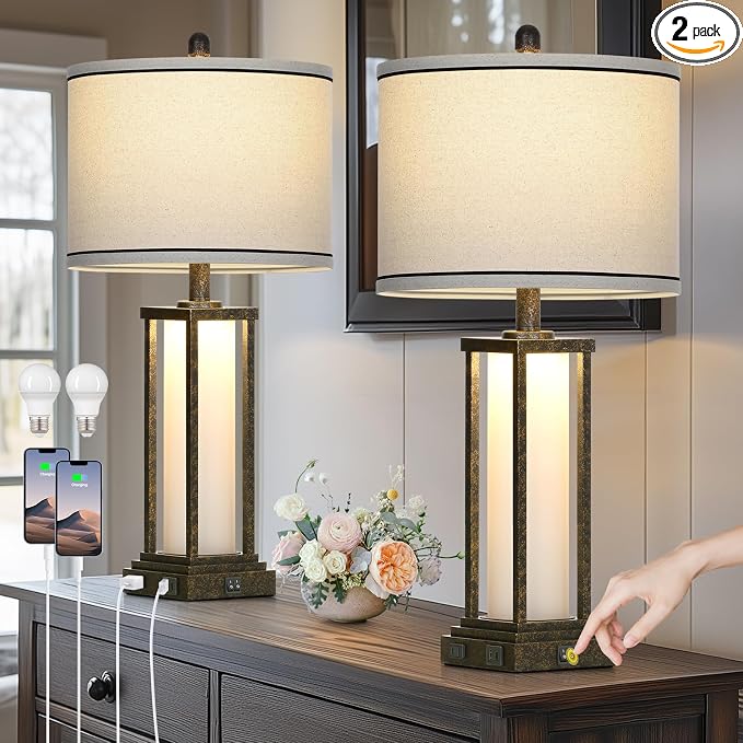 27" Tall Vintage Table Lamp Set of 2 with USB C+A & Outlet,Bronze Industrial End Table Lamp for Living Room,Farmhouse Rustic Bedside Lamps with Frosted Glass Night Light for Bedroom Nightstand,Bronze