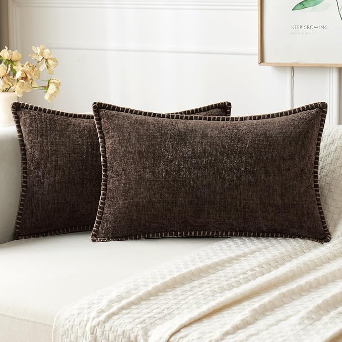 MIULEE Decorative Lumbar Throw Pillow Covers 12x20 Inch Dark Brown 2 Pack | Farmhouse Pillow Covers with Stitched Edge, Soft Chenille Cushion Cases, for Couch Sofa Bed Living Room Home Decor
