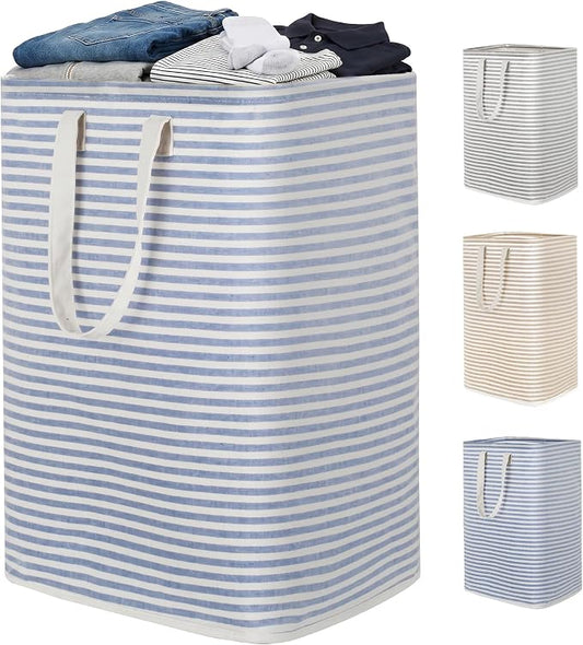 efluky Slim Laundry Basket, Narrow Laundry Hamper with Handles, Collapsible Dirty Clothes Hamper, Tall Laundry Bin for Laundry Room, Dorm and Bedroom, 80L, Striped Blue