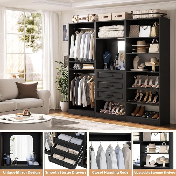 Unikito 75" Modular Closet System with 3 Sets, Mirror & Drawers, Black | Hanging Rods & Adjustable Shelves, Freestanding Wood Wardrobe Garment Rack, Walk in Tower Clothes Storage Organizer Unit
