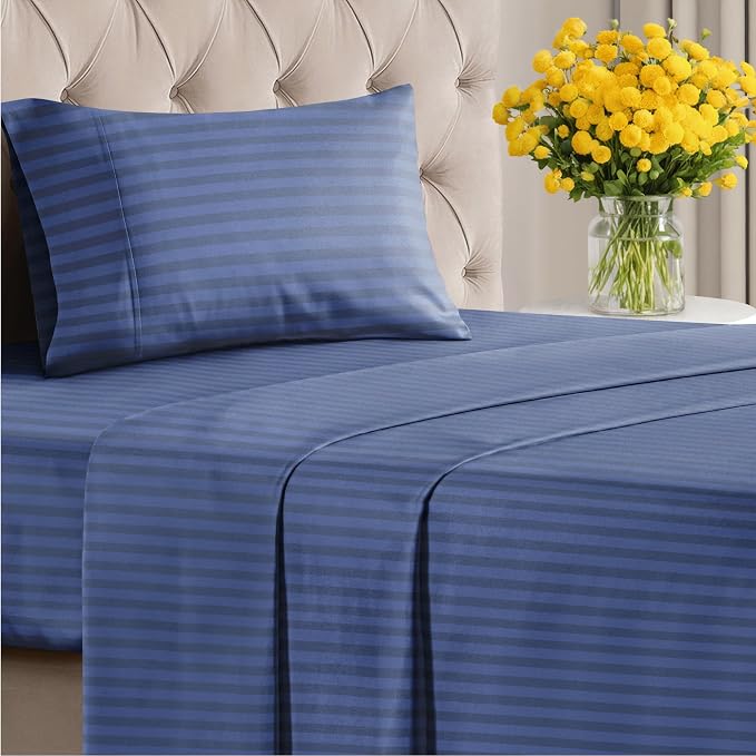 Twin 3 Piece Striped Sheet Set - Soft, Breathable & Cooling - Blue Stripes | 1 Flat, 1 Fitted & 1 Pillowcase w/ Deep Pockets, Luxury Striped Bedding, Soft, Breathable & Cooling, Wrinkle & Fade Free