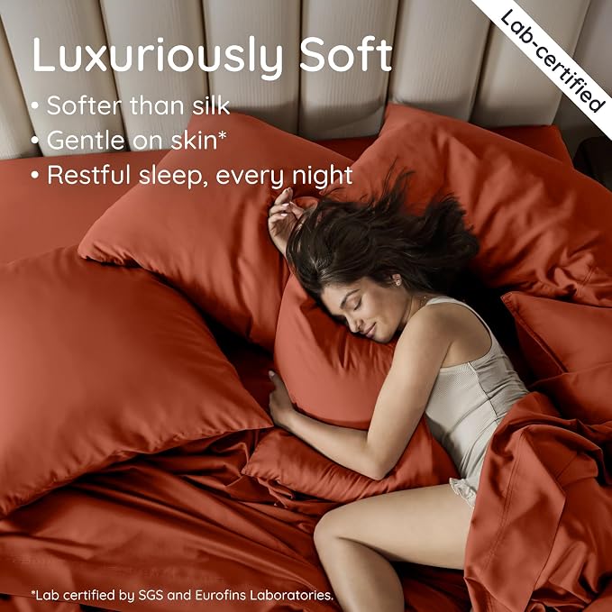Bambaw 100% Viscose Derived from Bamboo Twin Sheets Sets – 4-Piece Twin Bed Sheets Set, Cooling, Soft & Breathable, Helps Reduce Night Sweats, Lightweight & Comfortable (Terracotta)