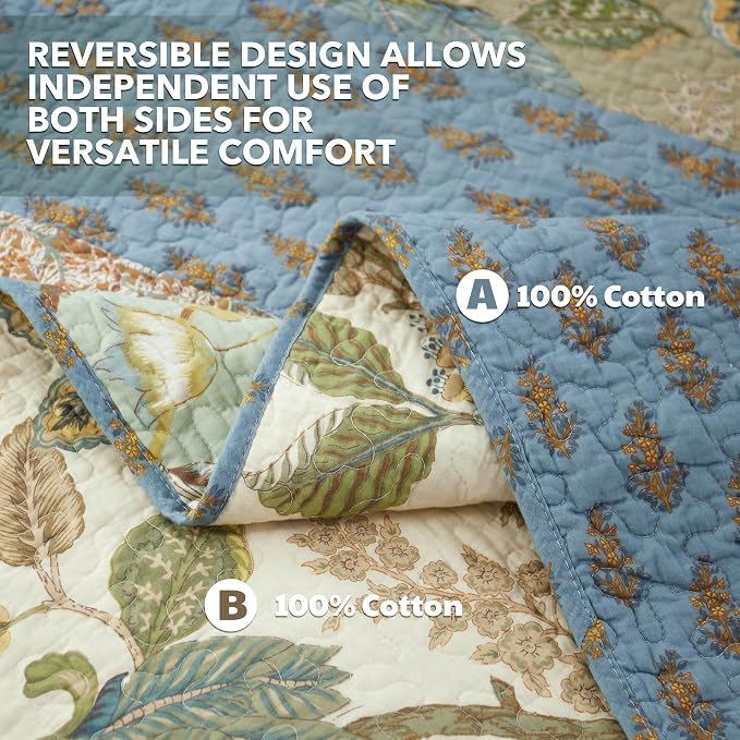 Quilt Set King Size, 100% Cotton Patchwork Green Bohemian Quilt Sets, Reversible Bedspread Lightweight and Breathable for All Seasons, Soft Quilted Bedspread with 2 Pillow Shams