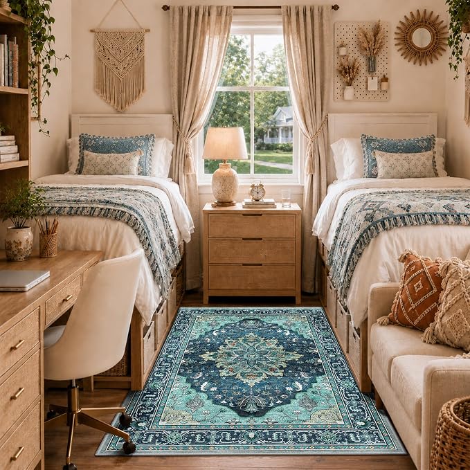 RELEANY Washable Area Rug, 4'x6', Teal | Non-Slip, Water Repellent, Pet Friendly, Easy to Clean, Vintage Floral Boho Decor for Living Room Bedroom Kitchen Office